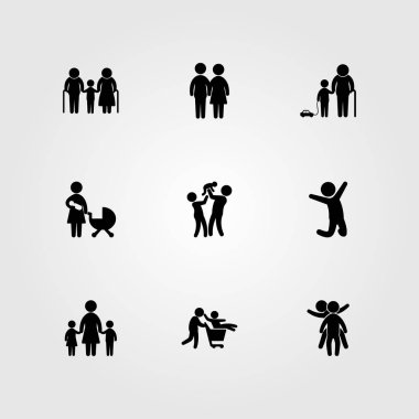 İnsanlar simge vektör ayarlayın. adam, çift, torunu ve iki oğul oynarken atlama