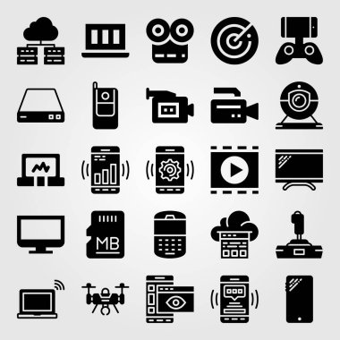 Teknoloji vektör Icon set. dron, dizüstü bilgisayar, tv ve video kamera