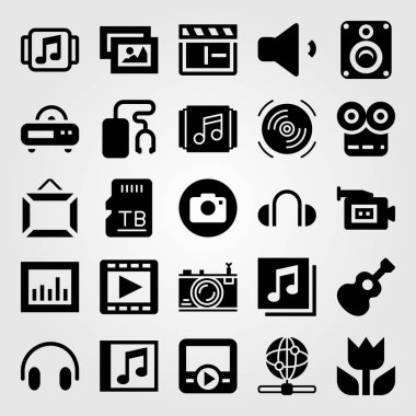 Multimedya vektör Icon set. Kompakt disk, birim, film oynatıcı ve kulaklıklar