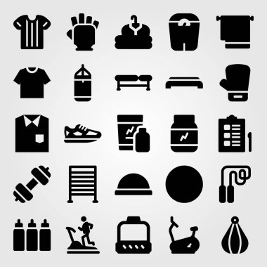 Fitness vektör Icon set. Top, tezgah, eldiven ve denetim listesi