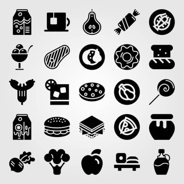 Yiyecek ve içecekler Icon set vektör. turp, elma, suşi ve biftek