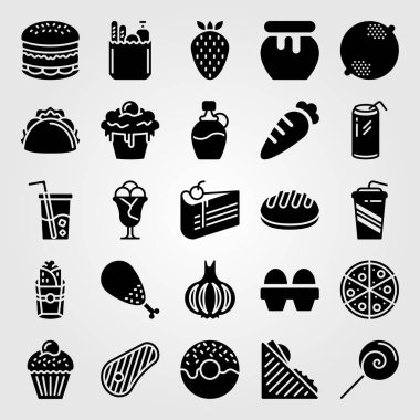 Yiyecek ve içecekler simge vektör ayarlayın. et, meşrubat, burito ve burger