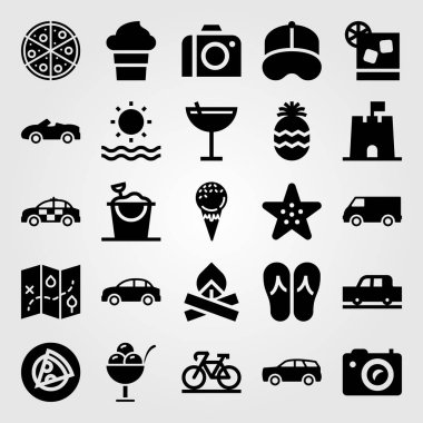 Yaz aylarında vektör Icon set. flip flop, kokteyl, van ve araba
