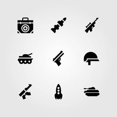 Silah vektör Icon set. tüfeği, tankı, kask ve keskin nişancı