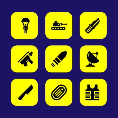 Silah vektör Icon set. tüfek, bıçak, simge ve kurşun geçirmez yelek
