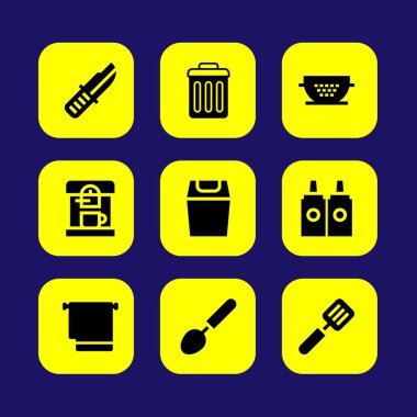 Mutfak vektör Icon set. süzgeç, havlu, çöp kutusu ve Kepçe