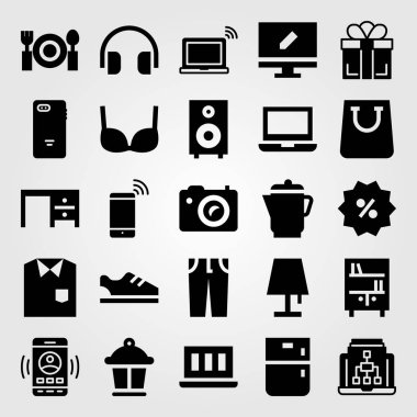 Alışveriş vektör Icon set. Resepsiyon, hoparlör, fotoğraf makinesi ve lamba