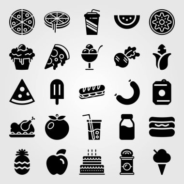 Yiyecek ve içecekler Icon set vektör. Can, sandviç, içki ve karpuz