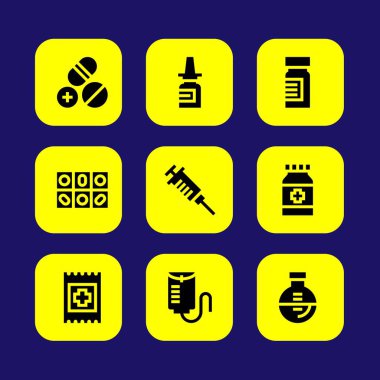 Tıp vektör Icon set. Yardım, bant, hap ve damla sayacı