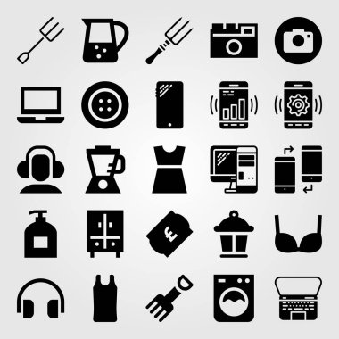 Alışveriş vektör Icon set. kulaklıklar, dizüstü bilgisayar, monitör ve düğme