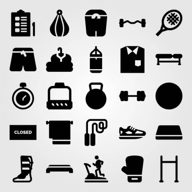 Fitness vektör Icon set. Boks eldiveni, Chronometre, kasnak ve delme