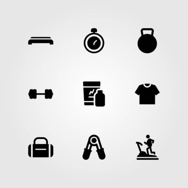Fitness vektör Icon set. spor salonuna adım, halter, Mustafa ve Chronometre