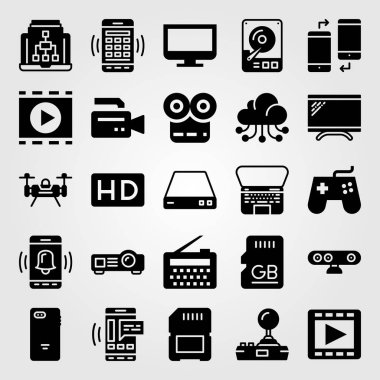 Teknoloji vektör Icon set. monitör, radyo, bellek ve web kamerası