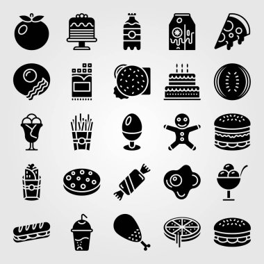 Yiyecek ve içecekler simge vektör ayarlayın. soda, patates kızartması, burito ve şeker