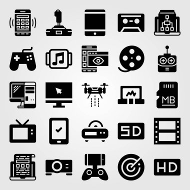 Teknoloji vektör Icon set. PC, kaset, monitör ve radyo