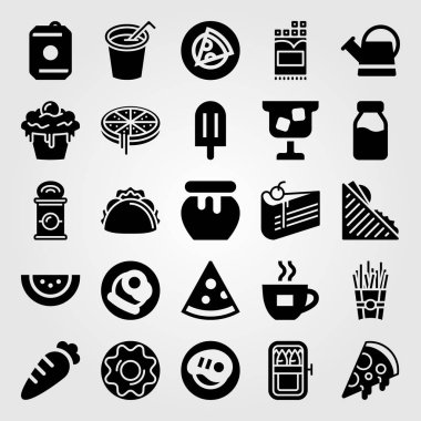 Yiyecek ve içecekler Icon set vektör. kahve fincanı, kızarmış patates, havuç ve sulama