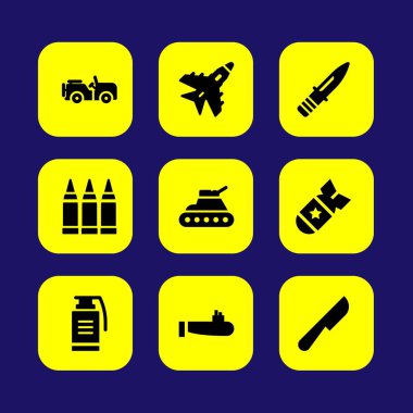 Askeri vektör Icon set. bomba, destroyer, araba ve el bombası