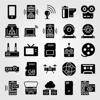 Teknoloji vektör Icon set. dizüstü bilgisayar, kaset, uzaktan kumanda ve sinyal noktası