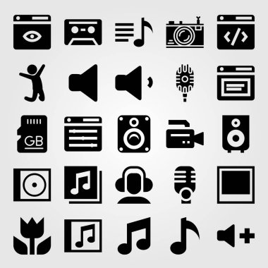 Multimedya vektör Icon set. çalma listesi, sessiz, fotoğraf ve sd kart