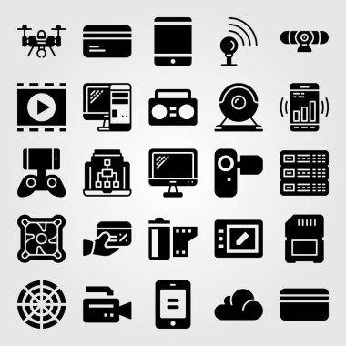 Teknoloji vektör Icon set. Radar, monitör, sd kart ve bilgisayar