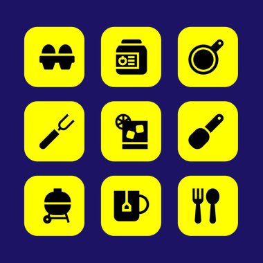Mutfak vektör Icon set. yumurta, çatal bıçak takımı, çay bardağı ve pan