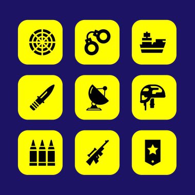 Silah vektör Icon set. uydu, madde işaretleri, kask ve kelepçe