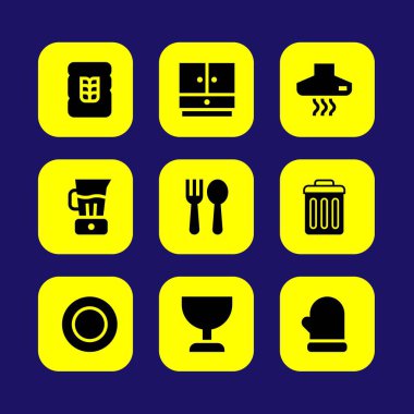 Mutfak vektör Icon set. çöp kutusu, çanak, çıkarıcı hood ve mitten
