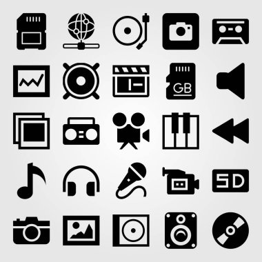 Multimedya vektör Icon set. video kamera, sessiz, klavye ve mikrofon