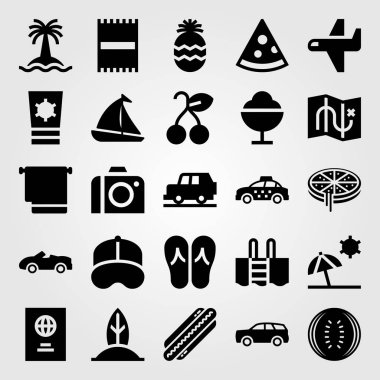 Yaz aylarında vektör Icon set. pasaport, fotoğraf makinesi, harita ve sörf