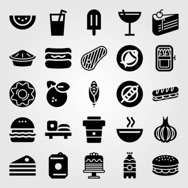 Yiyecek ve içecekler Icon set vektör. Balık, soda, şiş ve burger
