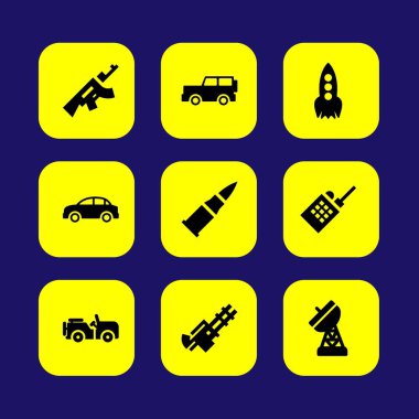 Askeri vektör Icon set. volki tolki, makineli tüfek, jeep ve silah
