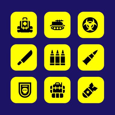 Silah vektör Icon set. ilk yardım çantası, madde işaretleri, biohazard ve bıçak