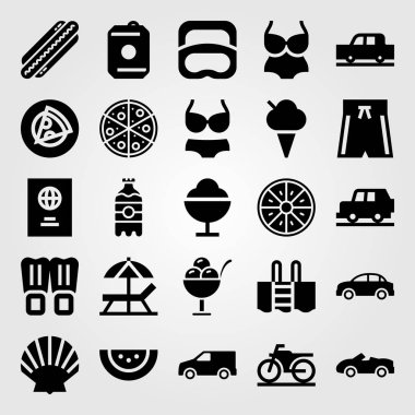 Yaz aylarında vektör Icon set. kamyon, sosisli sandviç, kabuk ve bikini