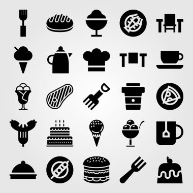 Restoran vektör Icon set. Tablo, pizza, dondurma ve sosis