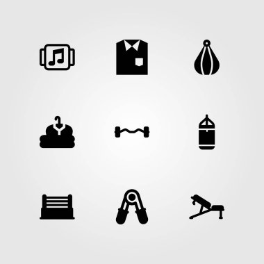 Fitness vektör Icon set. pazı halter, blok, müzik çalar ve gömlek