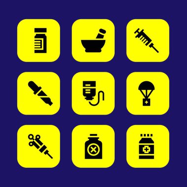 Tıp vektör Icon set. şırınga, yardım, pipet ve zehir