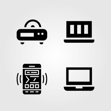 Teknoloji simgeleri ayarlayın. Vektör çizim dizüstü bilgisayar, akıllı telefon ve radyo