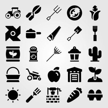 Bahçe vektör Icon set. lamba, ambar, havuç ve pot