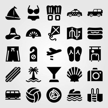 Yaz aylarında vektör Icon set. Uçak, jeep, sosisli sandviç ve voleybol