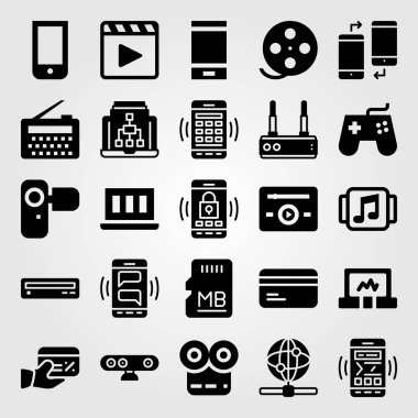Teknoloji vektör Icon set. kredi kartı, film oynatıcı, webcam ve dvd oynatıcı