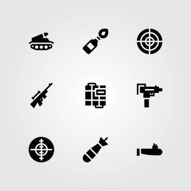 Silah vektör Icon set. Tank, Molotof kokteyli, keskin nişancı ve denizaltı