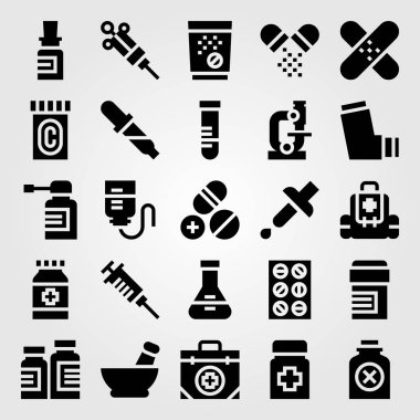 Tıp vektör Icon set. oksijen tüpü, şişe, tabletler ve pipet