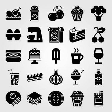 Yiyecek ve içecekler Icon set vektör. kiraz, çocuk oyuncağı, Kahvaltı ve brokoli