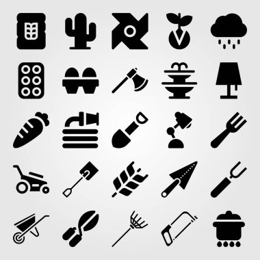 Bahçe vektör Icon set. kürek, Masa lambası, kaktüs ve havuç