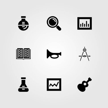 Eğitim vektör Icon set. Pusula, şişesi, Büyüteç ve açık kitap