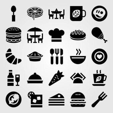 Restoran vektör Icon set. havuç, tablo, burger ve cheef