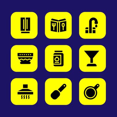Mutfak vektör Icon set. çıkarıcı hood, buzdolabı, kokteyl ve Kepçe