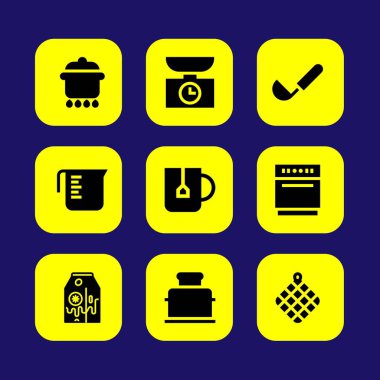 Mutfak vektör Icon set. süt, çay bardağı, bulaşık makinesi ve muzlu süt