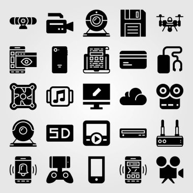 Teknoloji vektör Icon set. Smartphone, webcam, soğutucu ve dvd oynatıcı