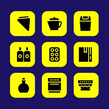 Mutfak vektör Icon set. zeytinyağı, soslar, yumurta ve bulaşık makinesi